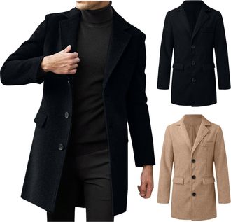 Generic Winter Jackets for Men Long Length Single Breasted Lapel Trench Coat Classic Plain Regular Fit Jacket with Pockets Casual Warm Overcoat