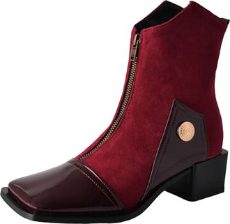 Generic Winter Womens Leather Suede Square Toe Flat Boots with Chunky Heel and Splicing Design for Large Size Comfortable Ankle Footwear (Red, 5. 5)