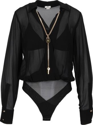Elisabetta Franchi Black Sheer Gold Chain Bodysuit