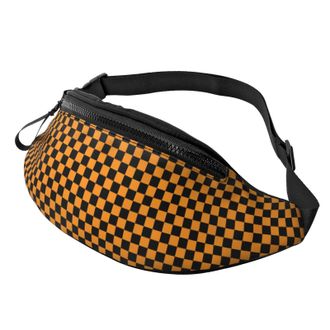 Generic Black Orange Checkered Print Bum Bag Waist Bag Unisex Waistpacks For Travel Walking Camping 14X35Cm