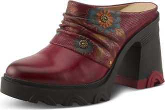 L'Artiste by Spring Step Chemistry Platform Mules | Hand-Painted Leather Slip-On with Sculpted Heel, Dark Red Multi, 9.5-10