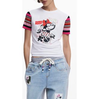 Desigual Minnie Mouse Stripe Sleeve Graphic T-Shirt in White at Nordstrom, Size X-Small