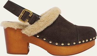 Chlo&eacute; Jeanette Suede Shearling-Lined Clogs