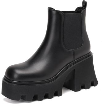 Generic Womens Chunky Heel Round Toe Faux Leather Chelsea Ankle Boots Platform Stylish Comfortable Slip Resistant Wear Resistant for Fashion Leisure Daily,Bla