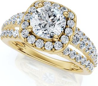 Pompeii3 F/VS 1.50Ct Multi Row Diamond Cushion Halo Engagement Ring 14k Gold Lab Grown