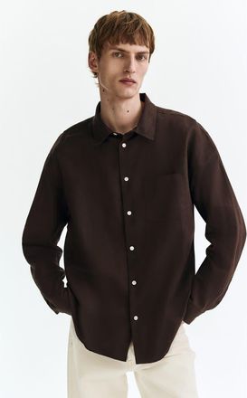 H&M Relaxed Fit Linen-blend Shirt in Dark Brown at Nordstrom, Size Xx-Large