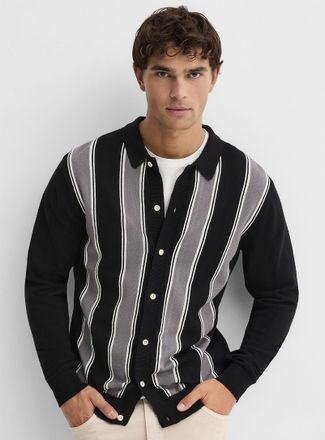 Lindbergh Mens Vertical-stripe Polo Shirt-collar cardigan