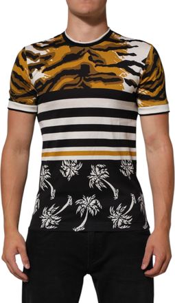 Dolce & Gabbana Multicolor Leopard Palm Leaf Men Crew Neck T-Shirt Cotton
