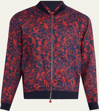 Kiton Mens Linen Coral-Print Full-Zip Bomber Jacket