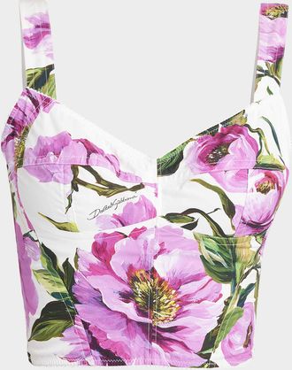 Dolce & Gabbana Peony-Print Cotton Popeline Crop Bustier Top