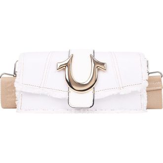 True Religion Frayed Denim Flap Bag with Logo Strap in White at Nordstrom