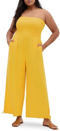 City Chic Ally Smocked Strapless Wide Leg Jumpsuit in Citrus at Nordstrom, Size Xxxs