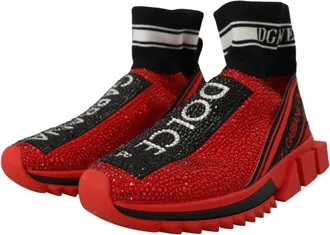 Dolce & Gabbana Womens Red Bling Sorrento Sneakers Socks Shoes Cotton