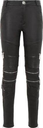 Philipp Plein Leren Broek Lang - Dames - Leren Broeken - Zwart - XL - Katoen - Broeken