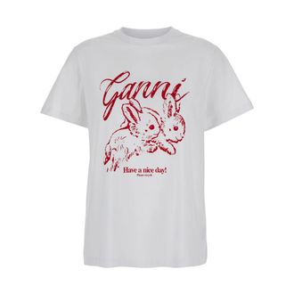 Ganni Wit Crewneck T-shirt met Maxi Print - Dames - Tops - Wit - Maat: L Katoen