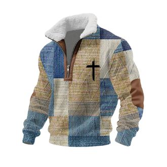 Generic Christian Quarter Zip Pullover | Fleece Stand Collar Sweatshirt with Christ Cross Print & Block Color Design | Winter Warm Long Sleeve Sweater for Fai