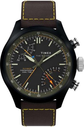 Timex Waterbury Ace Fly-Back Chronograph Leather Strap Watch in Black at Nordstrom