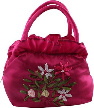 Generic Ethnic Style Tote Bag, Small Purse Wallet, Embroidery Flower Satin Silk Handbag, Zipper Flower Wrist Bag for Women Phone Cosmetic(hot pink)