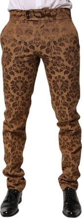 Dolce & Gabbana Brown Floral Jacquard Men Skinny Trouser Mens Pants