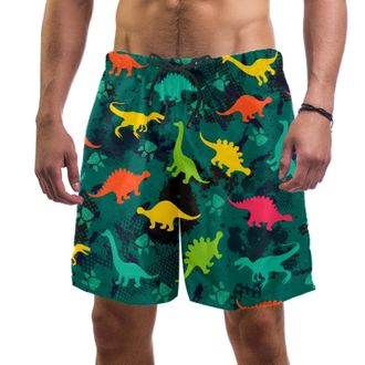 Generic Mens Beach Shorts Quick Dry with Pockets Swim Trunks Bathing Suits for Men Colorful Dinosaurs Green Yellow Green