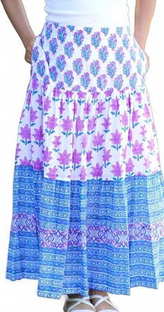 Dolma Block Printed Tiered Cotton Skirt In Blue