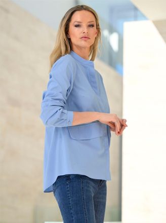 Heine Langarmbluse HEINE, Damen, Gr. 34, blau (himmelblau), 67% Baumwolle, 29% Polyester, 4% Elasthan, unifarben, Rundhals, Blusen Langarmbluse