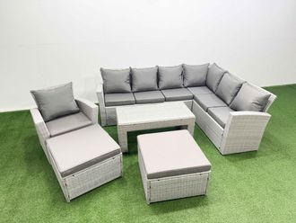 Fimous 9 Seater Garden Outdoor Rattan Furniture Set Coffee Table with Stools in Light Grey