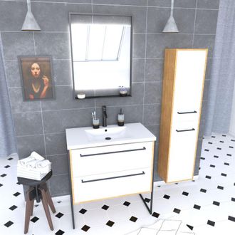 Aurlane Mueble De Ba&ntilde;o 80cm, Lavabo Blanco, Espejo Led Y Columna - Roble Y Blanco