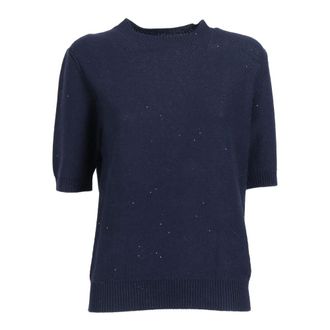 Fabiana Filippi Round-neck Knitwear, female, Blue, Size: XS Round-neck Short-sleeve Sweater with Sequins