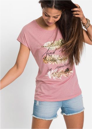 Bonprix T-Shirt BONPRIX T-Shirt mit Glitzerdruck, Damen, Gr. 48/50 (XL), rosa (rauchrose bedruckt), Obermaterial: 65% Polyester, 35% Viskose, schmal, Shirts T