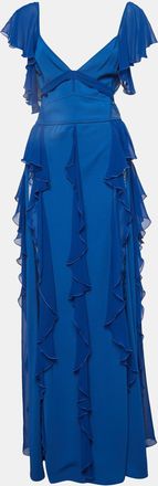 Elie Saab Blue Lace Trim Georgette Ruffled Gown