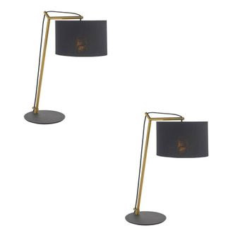 Loops 2 PACK Brass Plated Angular Table Lamp - Black Base & Cotton Shade - Desk Light