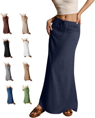 Generic 2025 Summer Linen Maxi Skirts for Women, Cute Vacation Boho Long Flowy Skirts, Comfy Drawstring Waist A Line Skirts (Navy Blue,XXL)