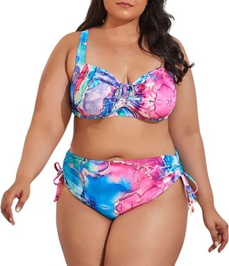 Generic Women Plus Size Swimsuits 2 Piece Twist Front Polka Dot Printed Bikini Sets Deep V Push Up Padded Vintage Bikinis Swimwear Ladies Beachwear Tankini