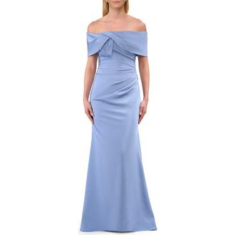 La Femme Off-the-Shoulder Gown with Draped Bow Detail in Smoky Blue at Nordstrom, Size 20