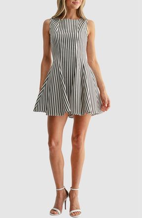 All in Favor Stripe Fit and Flare Cotton Denim Minidress in Cream Brown Striped at Nordstrom, Size Xx-Small