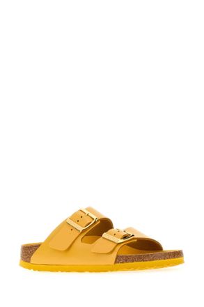 Birkenstock Womens Yellow Leather Arizona Slippers Hex Ochre, Amalfi Natural Flat Shoes