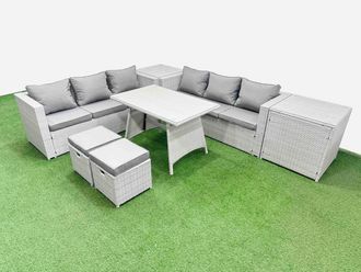 Fimous 8-seater Patio Rectangular Table 3 Seater Sofa Set with 2 Side Tables in Light Grey
