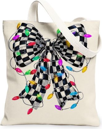 Generic Christmas Checkered Bow Canvas Tote Bags, Decorative Ribbon Pattern Reusable Grocery Bags, Winter Chic Lightweight Washable, Beige, 13x15 Inch