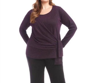 Karen Kane Long Sleeve Metallic Knit Side-Tie Top - Plus In Eggplant