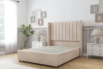 Sloomy Falcon Naples Divan Base 2 Drawers Foot-End-54 Wingback Headboard in Light Sand | Size: Double