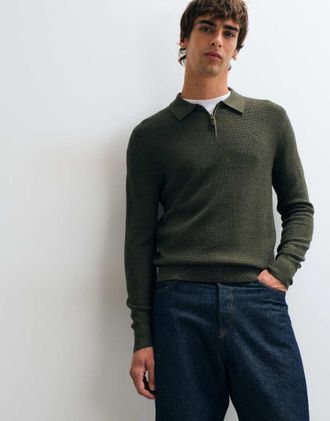 Polo Ralph Lauren maglione in maglia waffle di lana merino color kaki con zip e logo icon-Verde