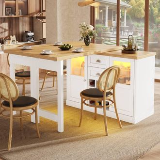 Merax Extendable Kitchen Island with Swivel Breakfast Bar & Wine Storage in White