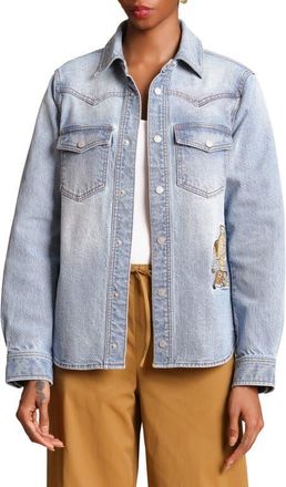 Avec Les Filles Cheetah Embroidered Stretch Denim Shirt Jacket in Light Blue Wash at Nordstrom, Size X-Large