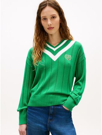 Tommy Hilfiger Womens Laurel Leaf Logo Cricket Sweater - Green - XXL