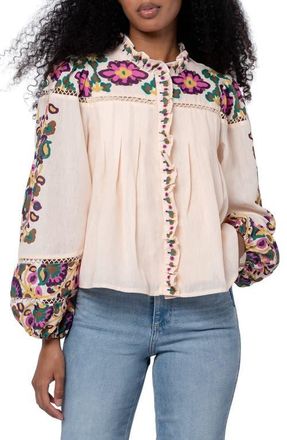 Ciebon Isme Placed Floral Ruffle Placket Button-Up Shirt in Cream Multi at Nordstrom, Size X-Small