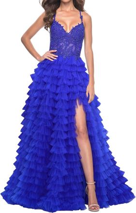 La Femme Ruffle Tulle Tiered Skirt Prom Dress In Royal Blue