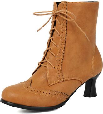 Generic Womens Round Toe Ankle Boots with Brogue Detailing, Front Lace-Up Design and Chunky Heel for Retro Style,Yellow,10 UK