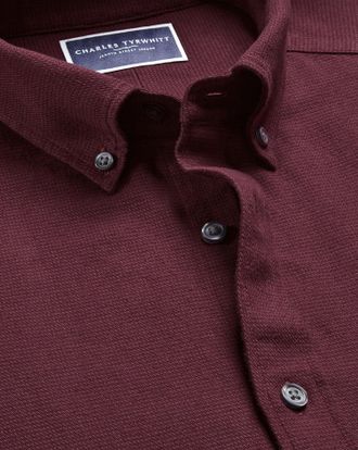 CHARLES TYRWHITT Textured Flannel Cotton Shirt - Burgundy Size Large by Charles Tyrwhitt