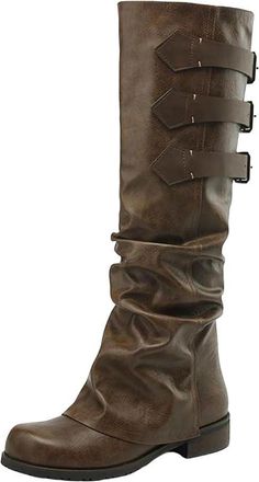 Generic Womens Low Heel Equestrian Boots Round Toe Pleated Vintage Knee-High Boots